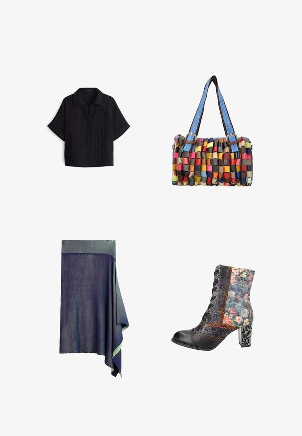 ZwarteT-shirt met korte mouwen en een kraaghalslijn, gemaakt van een textuur- en ribstof en met een losse pasvorm. Geen zichtbare sluitingen.; Donkerblauwe gebreide rok met zeer fijne witte verticale strepen en een asymmetrische geplooide zoom aan één kant.; Lace-up enkelboot met een zwarte leren punt en hak, bovenwerk van bloemenstof en een gesculpteerde metalen hak met ingewikkelde details.; Kleine rechthoekige handtas met gevlochten meerkleurige leren stroken en blauwe leren schouderbanden met metalen gespen.
