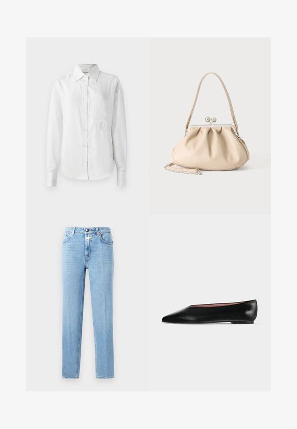 Hvid langærmet skjorte med knaplukning, lavet af glat stof, har en spids krave, brystlomme og knappede manchetter for et skræddersyet look.; Lysblå denim-jeans med lige ben, fem-lomme design og metalknaplukning. Struktureret stof med minimal falming.; Sort damesko i læder med flad hæl og spids tå, vist fra siden på en ensfarvet lys grå baggrund.; Beige blød læderhåndtaske med en sølv metalramme-lukning, enkelt skulderstrop og en valgfri kæderem på en hvid baggrund.