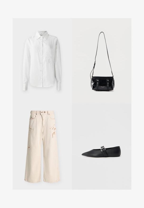 Hvid langærmet skjorte med knaplukning, lavet af glat stof, har en spids krave, brystlomme og knappede manchetter for et skræddersyet look.; Beige vidde jeans med løs pasform, med slidte detaljer og synlige syninger, har forlommer og dobbelt knappelukning.; Sort flad sko i læder med spids tå og sidelås. Glat tekstur, minimalistisk design, lav profil. Velegnet til casual brug.; Sort skuldertaske i læder med justerbar rem, to lodrette lynlåse foran og et lille metalvinge-emblem under lynlåsene.