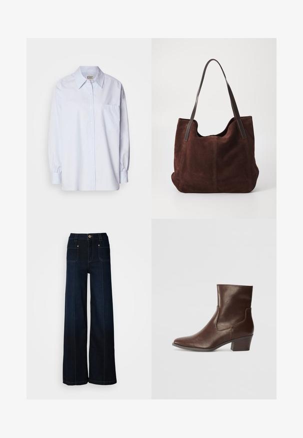 Lichtblauw button-up shirt van katoen. Heeft een puntige kraag, lange mouwen en een enkele borstzak. Zachte textuur.; Lossere denim jeans in donkerblauw. Bevat voorzakken, goudkleurige hardware en contrasterende stiksels. Glad textuur met een casual ontwerp.; Bruine leren enkellaars met een puntige neus, middelhoge blokhak en elastische zijpanelen voor gemakkelijk aan- en uittrekken. Gladde textuur en slank ontwerp.; Bruine suede totebag met twee donkere leren schouderbanden. Zachte textuur, ronde bovenkant en een ruime binnenkant. Geen zichtbare hardware of versieringen.
