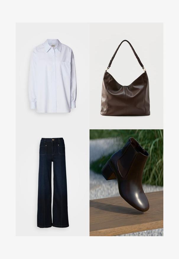 Lichtblauw button-up shirt van katoen. Heeft een puntige kraag, lange mouwen en een enkele borstzak. Zachte textuur.; Lossere denim jeans in donkerblauw. Bevat voorzakken, goudkleurige hardware en contrasterende stiksels. Glad textuur met een casual ontwerp.; Bruine leren enkelboot met een ronde neus en een lage blokhak, voorzien van elastische zijpanelen en een gladde, glanzende afwerking.; Donkerbruine leren schoudertas met een gevlochten handvat en zichtbare naden aan de voorkant.