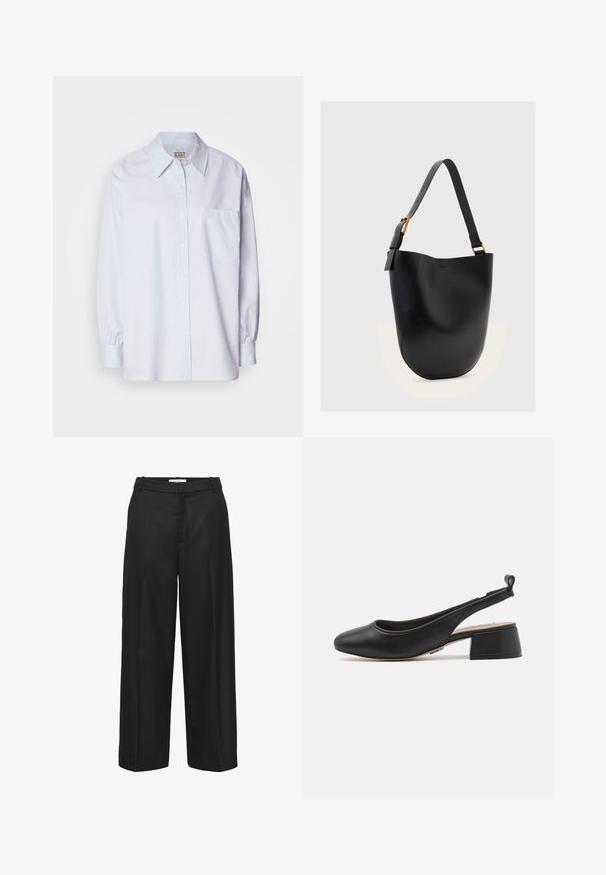 Lichtblauw button-up shirt van katoen. Heeft een puntige kraag, lange mouwen en een enkele borstzak. Zachte textuur.; Zwarte wijde broek met een gladde textuur, voorzien van een vlakke voorkant, riemlussen en zonder zichtbare versieringen. Op maat gemaakt voor een losse pasvorm.; Zwarte slingback schoen van glad leer met een ronde neus en een lage blokhak. Bevat een dunne band aan de achterzijde voor een veilige pasvorm.; Zwarte leren bucket bag met verstelbare schouderriem en goudkleurige gesp op een effen lichtgrijze achtergrond.