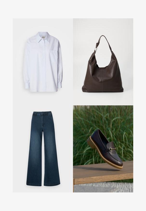Camisa de botones azul claro hecha de algodón. Presenta un collar en punta, mangas largas y un bolsillo en el pecho. Textura suave.; Jeans de mezclilla de talle alto y pierna ancha en azul oscuro, con bolsillos frontales y trabillas para cinturón, sobre un fondo blanco.; Mocasín de cuero marrón oscuro con suela de madera y detalle metálico dorado, suspendido sobre un banco de madera con fondo de césped verde.; Zign by Zalando LEATHER - Bolso shopping - chocolate brown