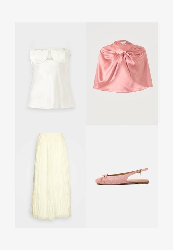 Witte satijnen camisole met verstelbare bandjes, een gestructureerde, gegolfde buste en een rechte zoom. Gladde textuur en minimalistisch ontwerp.; By Malene Birger EXCLUSIVE ELISAS - Plooirok - pearl; Roze platte slingback schoen met gestructureerde stof, strik op de afgeronde neus, enkelriem met gouden gesp en bedel, en lage bruine zool.; Zachte roze satijnen cape met een gedraaide knoopdetail bij de halslijn, afgebeeld op een effen witte achtergrond.