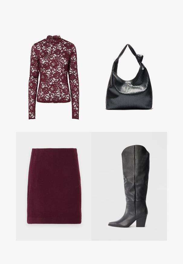 Haut en dentelle bordeaux à manches longues avec motif floral et col montant, tissu semi-transparent et silhouette cintrée.; Vero Moda VMFORTUNALLISON SHORT - Jupe trapèze - winetasting; Bottes noires en cuir, montant jusqu'au genou, avec un bout pointu et un talon épais. Le design présente une texture lisse et des lignes minimalistes.; Sac à main en cuir tissé noir au design décontracté, avec une sangle nouée et une petite clou doré décoratif en haut.