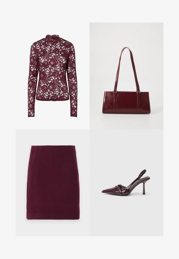Haut en dentelle bordeaux à manches longues avec motif floral et col montant, tissu semi-transparent et silhouette cintrée.; Vero Moda VMFORTUNALLISON SHORT - Jupe trapèze - winetasting; Escarpin slingback en cuir verni bordeaux avec bout pointu, fine bride à la cheville et petit détail décoratif de boucle. Texture lisse et talon haut.; Sac à main bordeaux en matériau brillant, de forme rectangulaire, avec deux anses et des accents légèrement courbés à l'avant.