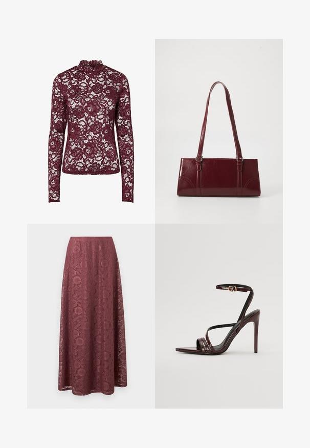 Haut en dentelle bordeaux à manches longues avec motif floral et col montant, tissu semi-transparent et silhouette cintrée.; Jupe longue en dentelle mauve avec des motifs floraux et géométriques, silhouette évasée et ceinture lisse.; Sandale à talons hauts en cuir verni bourgogne avec une bride de cheville, bout pointu et trois bandes horizontales sur le pied. Détail de boucle dorée.; Sac à main bordeaux en matériau brillant, de forme rectangulaire, avec deux anses et des accents légèrement courbés à l'avant.