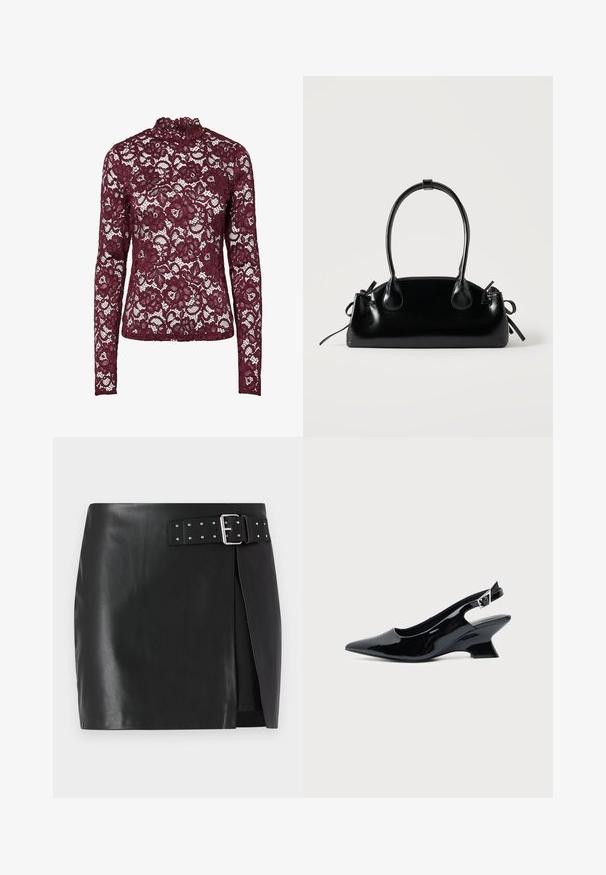 Haut en dentelle bordeaux à manches longues avec motif floral et col montant, tissu semi-transparent et silhouette cintrée.; Mini-jupe en simili cuir noir avec une ceinture réglable comportant une boucle en argent et des clous décoratifs, design à enroulement avant et texture lisse.; Chaussure slingback en cuir verni noir avec bout pointu et petit talon bloc incliné sur fond clair uni.; Petit sac à main noir brillant avec deux longues anses et des détails à cordon sur les côtés sur un fond clair uni.
