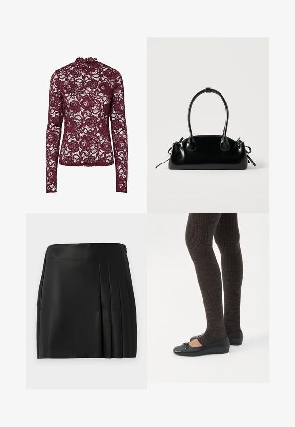 Haut en dentelle bordeaux à manches longues avec motif floral et col montant, tissu semi-transparent et silhouette cintrée.; Jupe mini en faux cuir noir avec un devant lisse et des plis sur le côté droit, équipée d'une fermeture éclair au dos.; Jambes portant des leggings côtelés foncés associés à des ballerines noires avec de petits détails en nœud sur fond blanc.; Petit sac à main noir brillant avec deux longues anses et des détails à cordon sur les côtés sur un fond clair uni.
