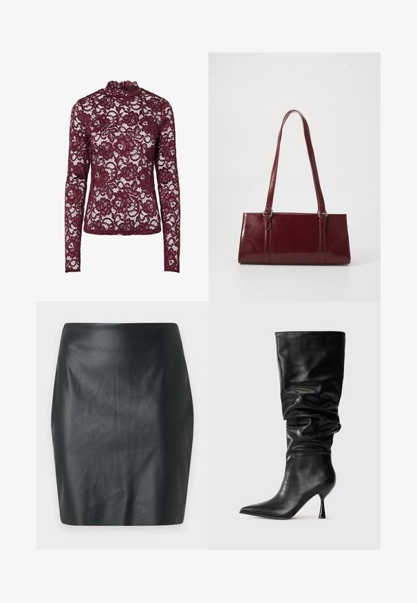 Haut en dentelle bordeaux à manches longues avec motif floral et col montant, tissu semi-transparent et silhouette cintrée.; Mini-jupe en simili cuir noir avec une texture lisse, coupe ajustée et droite. Aucun élément visible ni embellissement.; Botte noire en cuir, hauteur genou, avec un design ample, bout pointu et talon aiguille fin, présentant une texture lisse et des accents minimaux.; Sac à main bordeaux en matériau brillant, de forme rectangulaire, avec deux anses et des accents légèrement courbés à l'avant.