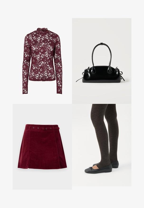 Haut en dentelle bordeaux à manches longues avec motif floral et col montant, tissu semi-transparent et silhouette cintrée.; Jupe en velours côtelé rouge foncé avec une ceinture assortie et des œillets métalliques, présentant une légère forme trapèze et un détail sur le panneau avant.; Jambes portant des leggings côtelés foncés associés à des ballerines noires avec de petits détails en nœud sur fond blanc.; Petit sac à main noir brillant avec deux longues anses et des détails à cordon sur les côtés sur un fond clair uni.