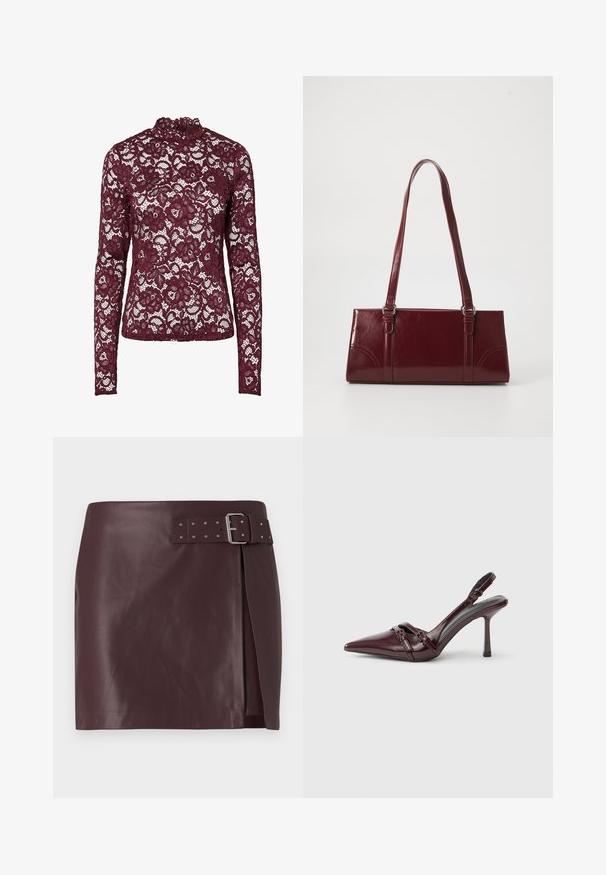 Haut en dentelle bordeaux à manches longues avec motif floral et col montant, tissu semi-transparent et silhouette cintrée.; Jupe en simili cuir bordeaux avec une taille ceinturée et une boucle métallique, présentant une fente sur le côté et une texture lisse et polie.; Escarpin slingback en cuir verni bordeaux avec bout pointu, fine bride à la cheville et petit détail décoratif de boucle. Texture lisse et talon haut.; Sac à main bordeaux en matériau brillant, de forme rectangulaire, avec deux anses et des accents légèrement courbés à l'avant.