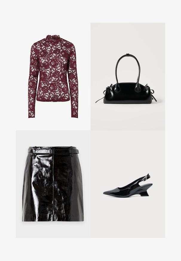 Haut en dentelle bordeaux à manches longues avec motif floral et col montant, tissu semi-transparent et silhouette cintrée.; Mini-jupe en cuir noir brillant avec une ceinture assortie et des détails de couture centrale.; Chaussure slingback en cuir verni noir avec bout pointu et petit talon bloc incliné sur fond clair uni.; Petit sac à main noir brillant avec deux longues anses et des détails à cordon sur les côtés sur un fond clair uni.