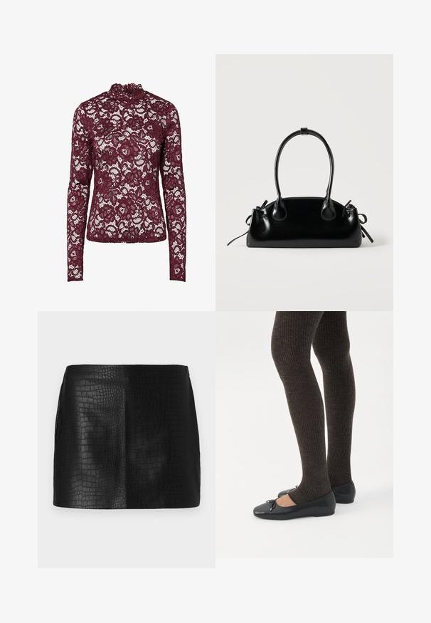 Haut en dentelle bordeaux à manches longues avec motif floral et col montant, tissu semi-transparent et silhouette cintrée.; Mini jupe en simili cuir noir avec un motif crocodile texturé, présentant une finition lisse et une coupe ajustée sans accessoires visibles.; Jambes portant des leggings côtelés foncés associés à des ballerines noires avec de petits détails en nœud sur fond blanc.; Petit sac à main noir brillant avec deux longues anses et des détails à cordon sur les côtés sur un fond clair uni.