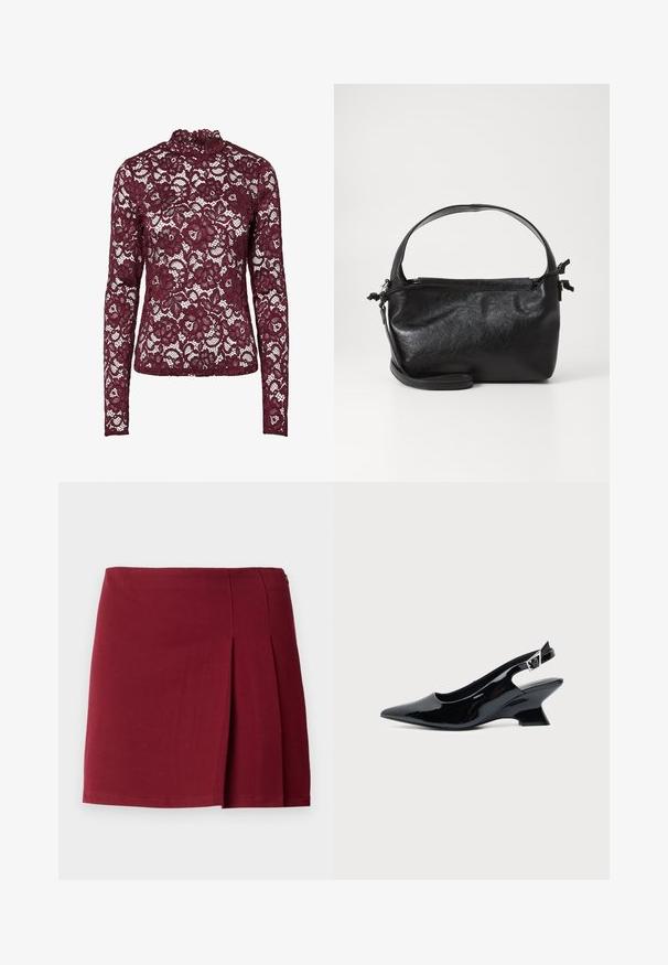 Haut en dentelle bordeaux à manches longues avec motif floral et col montant, tissu semi-transparent et silhouette cintrée.; Jupe mini plissée bordeaux avec une texture lisse, taille ajustée et fermeture à glissière sur le côté. Design simple et minimaliste sans motifs.; Chaussure slingback en cuir verni noir avec bout pointu et petit talon bloc incliné sur fond clair uni.; Sac à main en cuir noir au design structuré, avec une poignée arrondie et une bandoulière amovible. Présente une texture lisse et un éclat subtil.