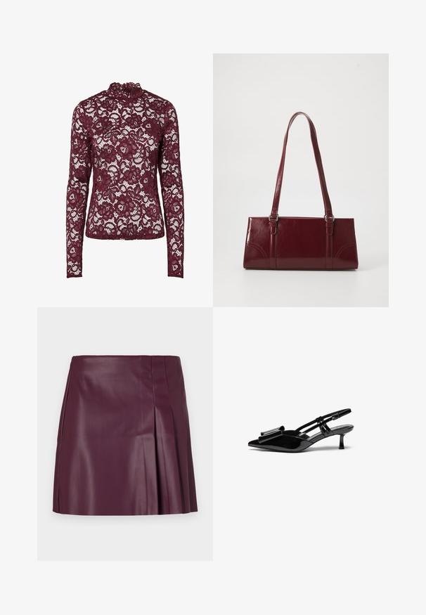 Haut en dentelle bordeaux à manches longues avec motif floral et col montant, tissu semi-transparent et silhouette cintrée.; ONLY ONLARTZY Short - Minijupe - mauve wine; Talons aiguilles en cuir verni noir avec un bout pointu, un détail en nœud à l'avant et un petit talon stiletto. Les brides sont équipées de boucles ajustables.; Sac à main bordeaux en matériau brillant, de forme rectangulaire, avec deux anses et des accents légèrement courbés à l'avant.