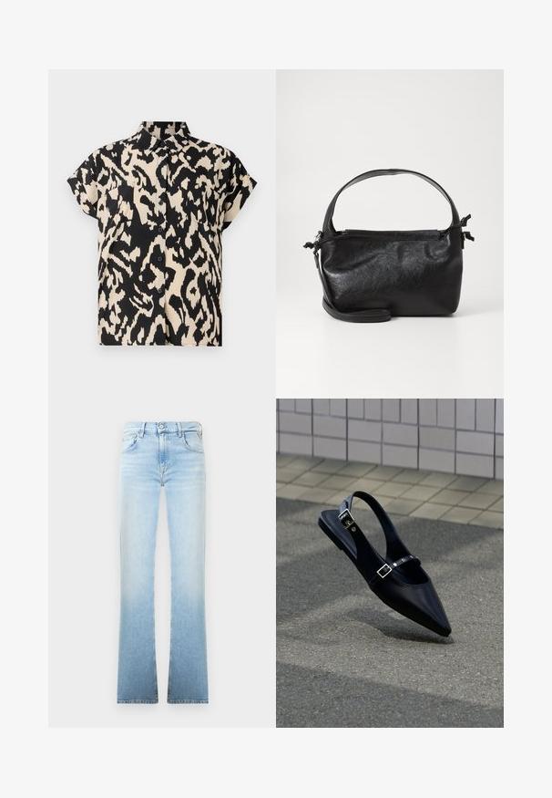 Kurzärmliges, knöpfbares Hemd in einem Leopardenmuster in Schwarz und Creme. Mit einem Kragen und zwei Brusttaschen.; Hellblaue Denim-Jeans mit Schlag, allmählichem Farbverlauf, Fünf-Taschen-Design und einem Knopfverschluss an der Taille. Glatte Textur und klare Linien.; Schwarzer Slingback-Flachschuh mit spitz zulaufender Spitze und doppelten Schnallenriemen, ruhend auf grauem Asphalt nahe einer gefliesten Wand.; Schwarze Lederhandtasche mit strukturiertem Design, rundem Haltegriff und abnehmbarem Schulterriemen. Sie weist eine glatte Oberfläche und einen subtilen Glanz auf.