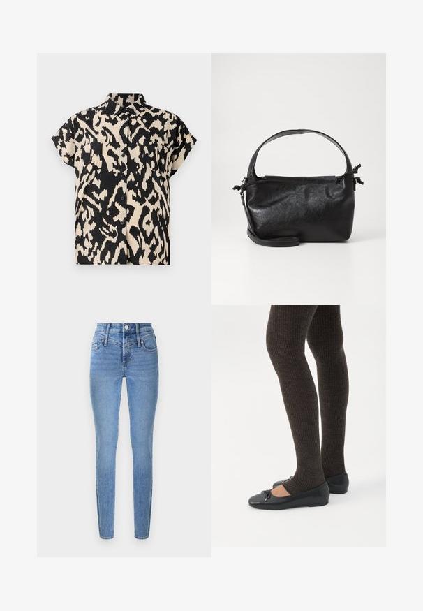 Korteblousje met knopen in een zwart-wit luipaardpatroon. Het heeft een kraag en twee borstzakken.; Skinny jeans van lichtblauwe denim met een hoge taille, twee voorzakken en een ritssluiting. Kenmerkt zich door een gladde textuur en subtiele vervaging.; Benen met donkere geribbelde leggings gecombineerd met zwarte ballerina's met kleine strikdetails op een witte achtergrond.; Zwarte leren handtas met een gestructureerd ontwerp, een ronde bovenhandgreep en een afneembare schouderriem. Beschikt over een gladde textuur en een subtiele glans.