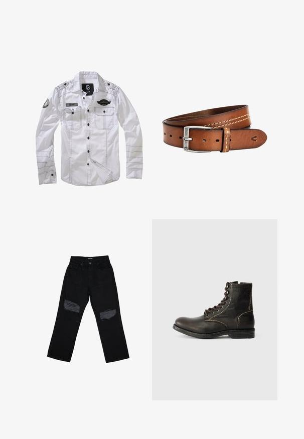 Hvid langærmet skjorte med sort syning, to brystlommer og et mærke på den ene ærme. Har knaplukning fortil og krave.; Sorte denimjeans med afslappet pasform, der har to slidte pletter på knæene. Stoffet har en glat tekstur og minimal falmning.; Brun læder ankelstøvle med rund tå, syv huller design, hvid syning og struktureret overflade. Robuste gummisål, klassisk stil.; camel active Bælter - cognac
