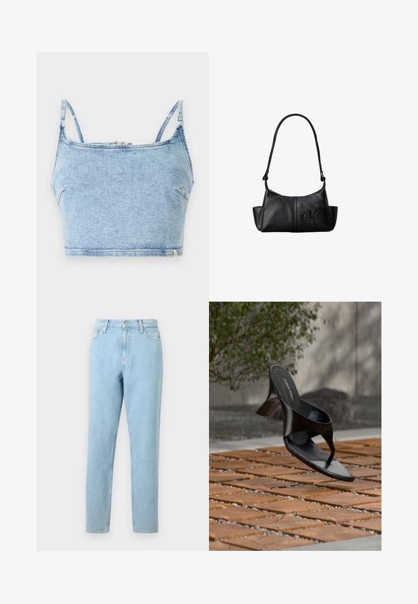 Lysblå denim crop top med tynde justerbare stropper, der har en frontlynlås og en glat tekstur, designet til en tætsiddende pasform.; Lyseblå denimjeans med lige ben, femlommers design og knaplukning. Har subtilt slid og en glat tekstur.; Sort Calvin Klein hæl-sandal med åben tå, der svæver over en udendørs flisebelagt overflade med grønne planter og en betonvæg i baggrunden.; Sort læder skuldertaske med lang rem, sidelommer og præget Calvin Klein-logo på fronten.