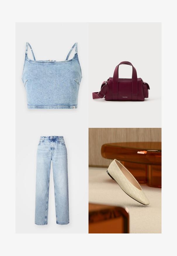 Lichtblauw denim crop top met dunne verstelbare bandjes, voorzien van een ritssluiting aan de voorkant en een soepele textuur, ontworpen voor een strakke pasvorm.; Lichtblauwe high-waisted jeans met een losse pasvorm, met rechte pijpen, vijf zakken en een klassieke knoop- en ritssluiting.; Beige platte schoen met geometrische perforaties, zwevend boven een licht tapijt in een kamer met amberkleurige meubels.; Bordeaux leren handtas met dubbele korte handvatten en een afneembare schouderband. Voorzien van een ritsluiting en subtiele logo-details aan de voorkant.