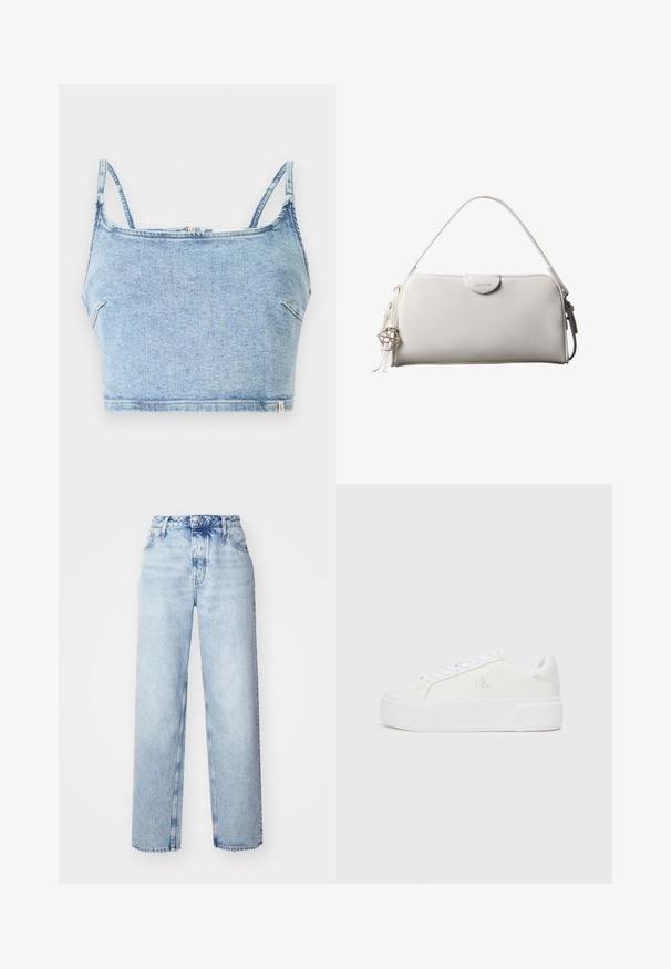 Lysblå denim crop top med tynde justerbare stropper, der har en frontlynlås og en glat tekstur, designet til en tætsiddende pasform.; Lyseblå højtaljede jeans med løs pasform, der har lige ben, fem lommer og en klassisk knap- og lynlåslukning.; Hvide platform sneakers med en glat læderoverdel, rund tå, hvide snørebånd og diskret logo-detalje på siden. Flad gummisål.; Hvid rektangulær Calvin Klein håndtaske med enkelt håndtag, minimalistisk design og dekorative kvaster med geometrisk metalvedhæng på siden.