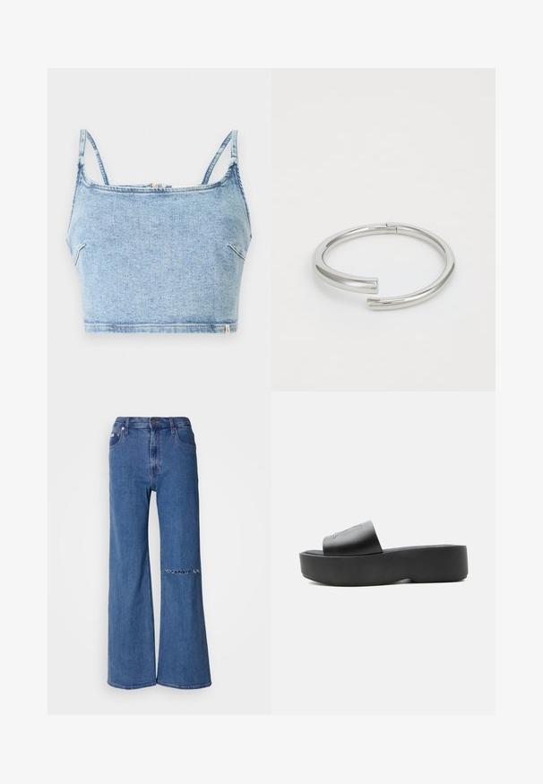 Top corto de mezclilla azul claro con tirantes finos ajustables, cuenta con un cierre de cremallera frontal y una textura suave, diseñado para un ajuste ceñido.; Jeans de pierna ancha en denim azul medio, con una cintura alta, bolsillos frontales y un detalle de parche desgastado en la rodilla izquierda.; Sandalia tipo slide con plataforma negra, suela gruesa y tira ancha, hecha de material liso, mostrada de lado sobre fondo blanco.; Calvin Klein SPIRAL - Pulsera - silver-coloured