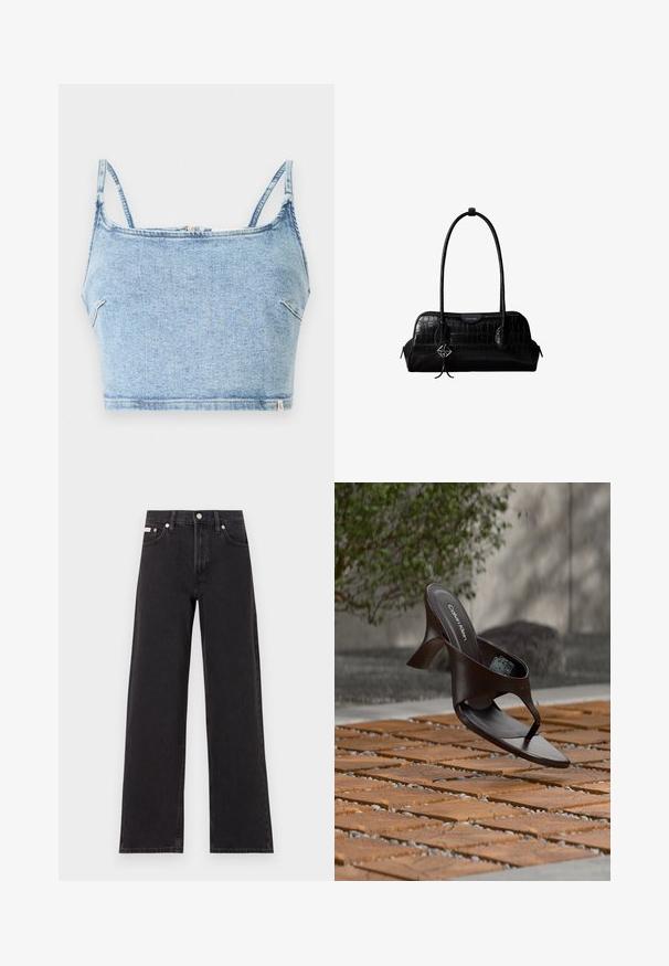 Ανοιχτό μπλε τζιν μ crop top με λεπτές ρυθμιζόμενες τιράντες, που διαθέτει μπροστινό φερμουάρ και ομαλή υφή, σχεδιασμένο για εφαρμοσμένο στυλ.; Μαύρο τζιν παντελόνι φαρδιάς γραμμής από τζιν, με ψηλή μέση, πέντε τσέπες και κούμπωμα με μεταλλικό κουμπί, καθώς και αντίθετη ραφή.; Καφέ σανδάλι Calvin Klein με τακούνι και ιμάντα, κρεμασμένο πάνω από ξύλινη πλακάκια και χαλίκι σε εξωτερικό χώρο με θολό φόντο πράσινου και πέτρας.; Μαύρη δερμάτινη τσάντα ώμου με υφή κροκοδείλου, μακριά λουριά και μικρό ασημένιο λογότυπο σε ένα από τα λουριά.