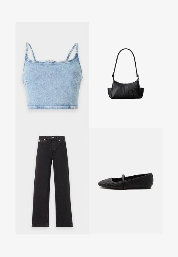 Top corto de mezclilla azul claro con tirantes finos ajustables, cuenta con un cierre de cremallera frontal y una textura suave, diseñado para un ajuste ceñido.; Jeans anchos de mezclilla negros, con cintura alta, cinco bolsillos y cierre de botón metálico con costuras contrastantes.; Zapato plano negro con punta redondeada, patrón geométrico en relieve y una sola tira fina en la parte superior, mostrado en perfil lateral.; Bolso de hombro de cuero negro con correa larga, bolsillos laterales y logo de Calvin Klein en relieve en la parte delantera.