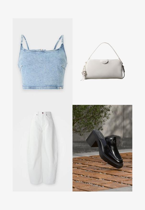 Lysblå denim crop top med tynde justerbare stropper, der har en frontlynlås og en glat tekstur, designet til en tætsiddende pasform.; Højtaljede hvide denimbukser med løs pasform. Har en knaplukning, sidelommer og et minimalistisk design. Glat tekstur.; Sort læder Calvin Klein slip-on mule med blokhæl, der hviler på trætøj udendørs nær en grøn plante og en grå væg.; Hvid rektangulær Calvin Klein håndtaske med enkelt håndtag, minimalistisk design og dekorative kvaster med geometrisk metalvedhæng på siden.