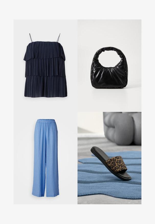 Haut plissé bleu marine avec un design en couches, des bretelles fines et une texture douce. Chaque couche présente des plis verticaux, créant de la profondeur et du mouvement.; Pantalons larges bleu clair en tissu texturé. Dotés d'une taille élastique et d'une coupe ample qui drape élégamment.; Sandale noire à bride imprimé léopard posée sur un tapis bleu texturé, avec un grand coussin beige flou en arrière-plan.; Sac à main noir rembourré avec une poignée arrondie, présentant une surface lisse et brillante ainsi qu'une texture douce et matelassée. Pas de quincaillerie ou d'accents visibles.
