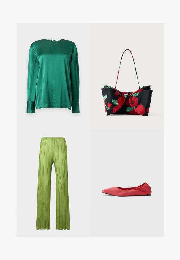 Haut vert satin à manches longues avec un col rond et des accents de boutons aux poignets, présentant une texture lisse et une silhouette drapée.; Pantalon vert à jambes larges en matériau transparent avec une texture côtelée verticale. Doté d'une ceinture élastique pour plus de confort et un ajustement décontracté.; Filippa K REY FLATS - Ballerines - bright red; Sac à épaule floral en tissu noir avec motifs de fleurs rouges et vertes, détail nœud, et une anse fine et colorée.