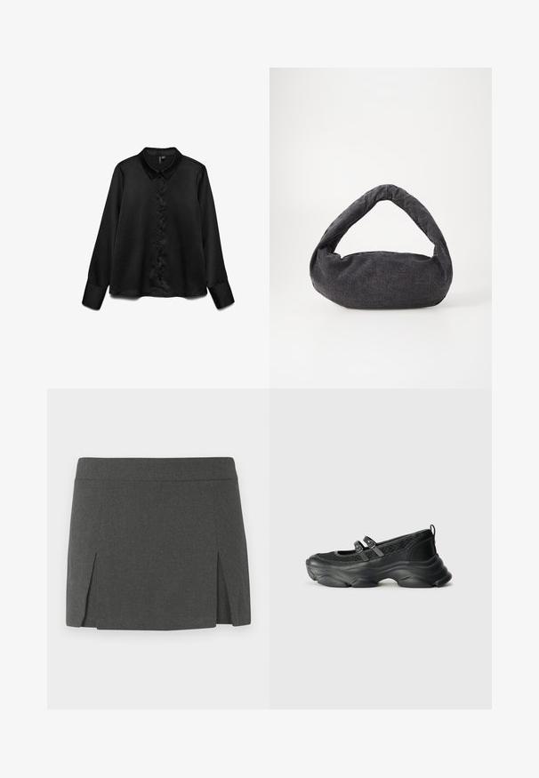 Camisa negra de manga larga hecha de una tela suave, con botones en la parte delantera, cuello clásico y un brillo sutil. Corte entallado con mangas con puños.; Minifalda gris con una textura suave, que presenta una cinturilla plana y dos aberturas en los lados frontales para un detalle adicional. Diseño casual.; Zapatos negros con parte superior de malla texturizada, punta redonda, dos correas ajustables y una suela gruesa y ondulada para mayor soporte.; Bolsa de tela gris oscuro con un asa curva, textura suave y forma redondeada. Sin hardware ni adornos visibles.