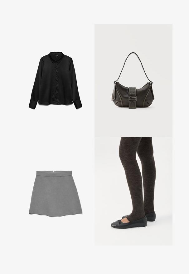 Zwarte lange mouwen shirt van soepel materiaal, met een knoopsluiting aan de voorkant, klassieke kraag en een subtiele glans. Getailleerde pasvorm met omgeslagen mouwen.; Grijze rok van zachte stof, met een hoge taille, uitlopende vorm en een verborgen rits aan de achterkant.; Benen met donkere geribbelde leggings gecombineerd met zwarte ballerina's met kleine strikdetails op een witte achtergrond.; Zwarte leren schoudertas met gespsluiting aan de riem, afgeronde hoeken en contrasterende witte stiksels op een effen achtergrond.