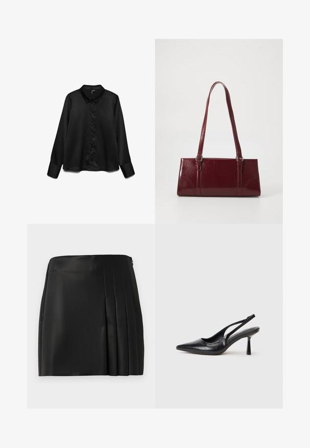 Zwarte lange mouwen shirt van soepel materiaal, met een knoopsluiting aan de voorkant, klassieke kraag en een subtiele glans. Getailleerde pasvorm met omgeslagen mouwen.; Zwarte neplederen mini-jurk met een gladde voorkant en plissé-detail aan de rechterzijde, voorzien van een ritsluiting aan de achterkant.; Zwarte leren slingback hoge hak schoenen met puntige neus en slanke hak op een witte achtergrond.; Bourgondische handtas van glanzend materiaal, rechthoekige vorm, met twee schouderbanden en subtiele gebogen accenten aan de voorkant.