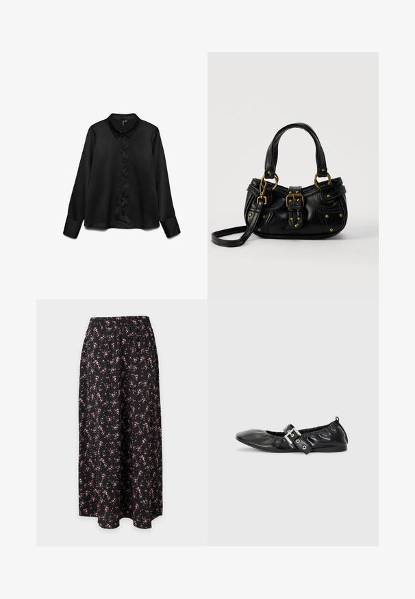 Sort langærmet skjorte lavet af glat stof, med knaplukning foran, klassisk krave og subtil glans. Skræddersyet pasform med manchetter.; Sort lang nederdel med små pink og hvide blomsterprint og elastisk talje mod ensfarvet baggrund.; Sorte læder flade sko med spids tå, samling detaljer omkring åbningen, og en sølv spænde accent på den justerbare rem.; Sort læderhåndtaske med guldbælge og nitdetaljer, korte håndtag og en justerbar skulderrem på en ensfarvet hvid baggrund.