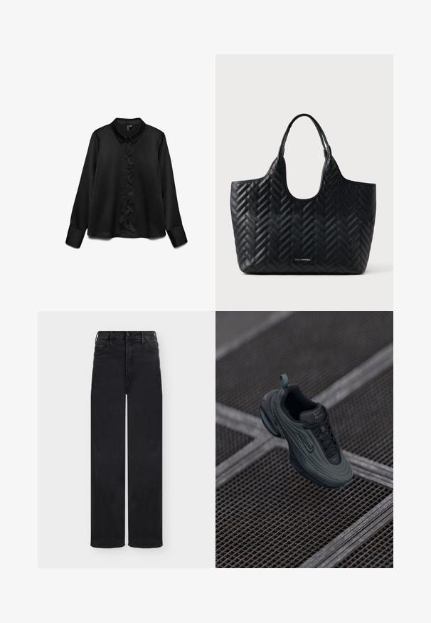 Sort langærmet skjorte lavet af glat stof, med knaplukning foran, klassisk krave og subtil glans. Skræddersyet pasform med manchetter.; Sorte jeans med høj talje og vide ben med frontknap og lynlås, bæltestropper samt for- og baglommer, vist på en hvid baggrund.; Mørkegrønne og sorte Nike Air sneakers svævende over et metalgittergulv, der fremviser deres designs detaljer fra siden og ovenpå.; Sort quiltet læder tote taske med chevron-syning, afrundede håndtag og lille sølvlogo-plakette i bunden.