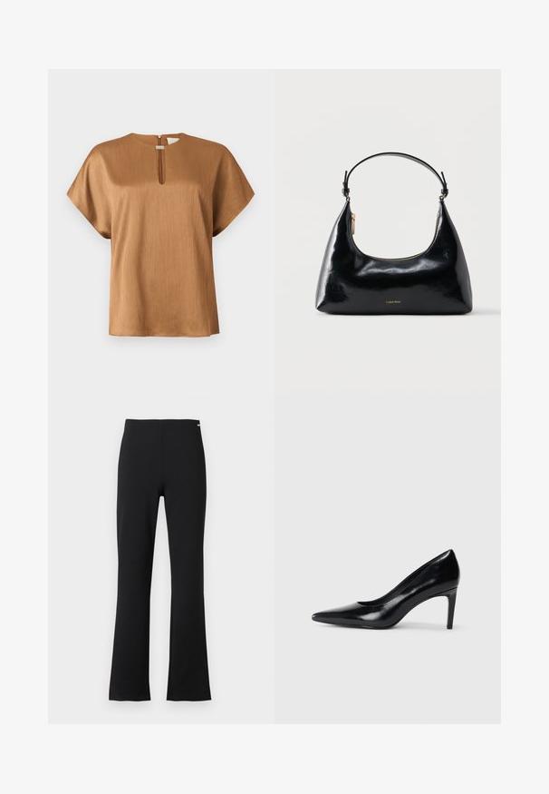 Blouse marron à manches courtes avec une texture verticale subtile et un petit décolleté en forme de goutte avec un fermoir métallique.; Pantalon noir à taille haute, coupe droite avec légère évasement au bas, présenté sur un fond gris clair uni.; Chaussure à talon haut en cuir noir avec un bout pointu, texture lisse et un talon effilé. Design minimaliste, sans embellissements supplémentaires.; Sac à main Calvin Klein noir brillant avec fermeture éclair dorée et anse courte sur fond blanc uni.