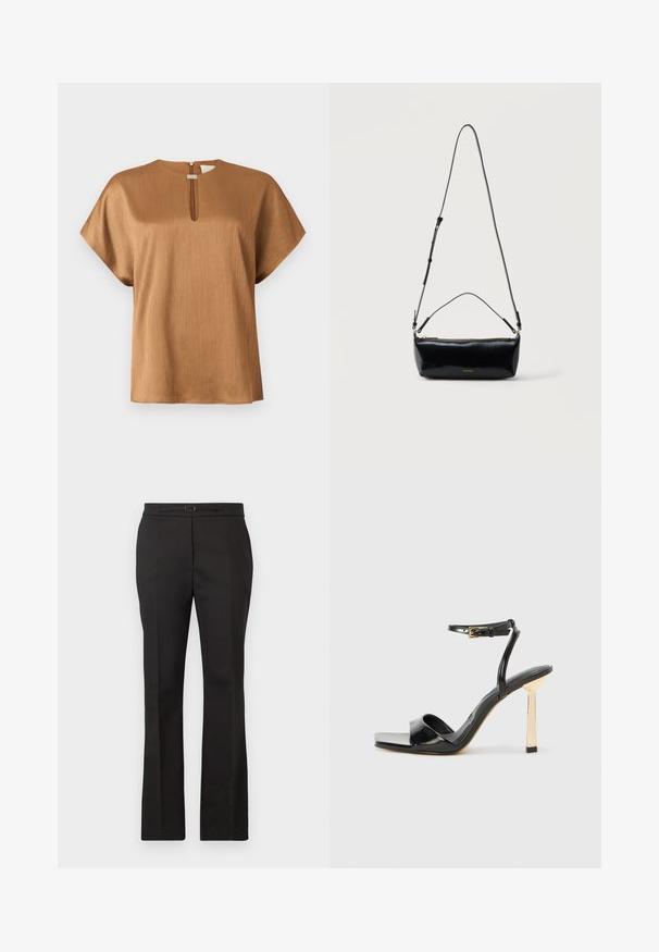 Blouse marron à manches courtes avec une texture verticale subtile et un petit décolleté en forme de goutte avec un fermoir métallique.; Pantalon noir sur mesure à jambes droites, taille avec une petite ceinture et une boucle, présenté sur un fond clair uni.; ALDO ILLUSTRIOUS - Sandales à talons hauts - black; Sac bandoulière rectangulaire en cuir noir avec bandoulière ajustable, fermeture éclair sur le dessus et petit logo Calvin Klein doré sur le devant.