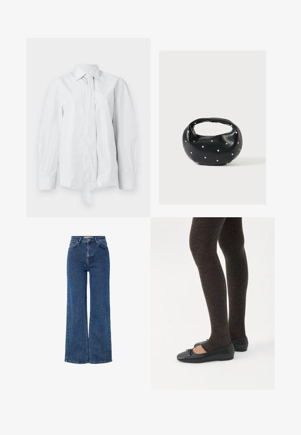 Wit, lang mouwshirt met een klassieke kraag en een verlengde voorknoop. Gemaakt van een gladde stof, met een ontspannen pasvorm en zonder patronen.; Hoge taille blauwe denim jeans met brede pijpen, voorzien van een traditionele vijf-pocket ontwerp, metalen knoopsluiting en contrasterende stiksels.; Benen met donkere geribbelde leggings gecombineerd met zwarte ballerina's met kleine strikdetails op een witte achtergrond.; Zwarte leren handtas met een afgeronde vorm, versierd met zilveren studs, en een korte handgreep. Gladde textuur en ritsluiting.