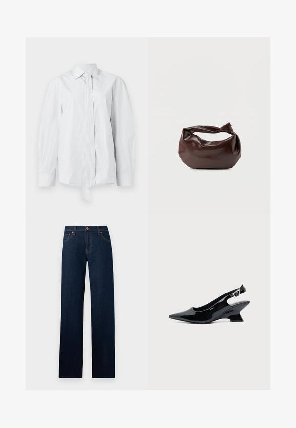 Camisa blanca de manga larga con un cuello clásico y un lazo alargado en la parte delantera. Hecha de una tela suave, presenta un corte relajado y sin estampados.; Vaqueros de mezclilla azul oscuro con corte recto, cinco bolsillos, cierre de botón y costuras visibles amarillas en las costuras y las trabillas del cinturón.; Zapato slingback de cuero charol negro con puntera puntiaguda y tacón bajo en bloque inclinado sobre fondo claro liso.; Bolso de hombro de cuero marrón oscuro con una forma suave y caída, y un asa con nudo torcido sobre un fondo blanco liso.