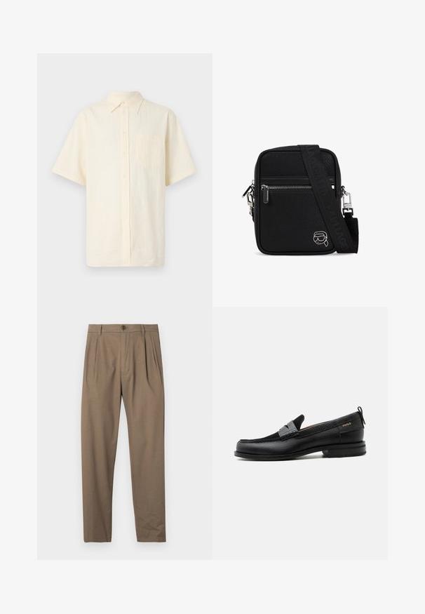Chemise à manches courtes boutonnée en crème pâle, fabriquée à partir d'un tissu texturé, avec une poche poitrine et un col classique.; Pantalons plissés marron en tissu doux, dotés d'une fermeture éclair et d'un bouton à l'avant, avec une coupe droite et une texture lisse.; Mocassin en cuir noir avec détail de bride grise, talon bas et semelle texturée, marqué "HUGO" en or sur le côté.; Sac bandoulière noir en texture avec une fermeture éclair, une sangle ajustable et quincaillerie en argent. Présente un détail de logo à l'avant.