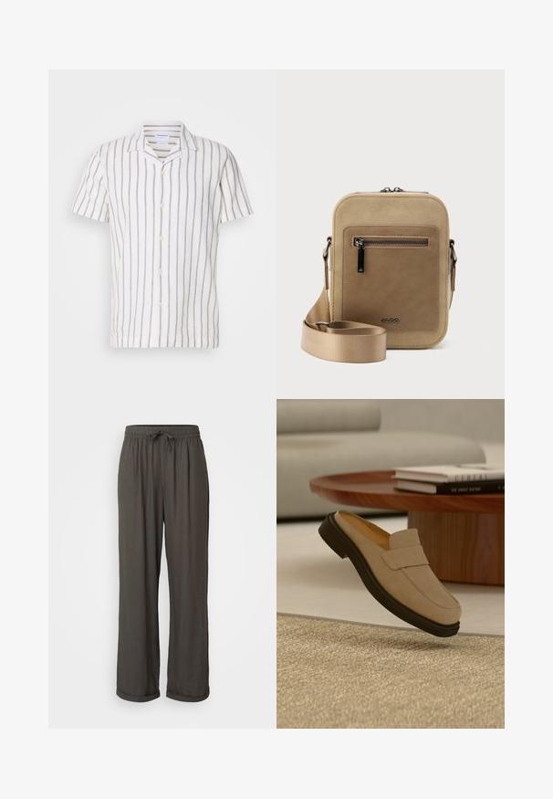 Camisa de lino de manga corta con rayas verticales en gris claro sobre un fondo blanco, con un cuello clásico y cierre frontal de botones.; Pantalones de pierna ancha en gris oscuro con cintura ajustable, hechos de una tela suave y texturizada, que cuentan con puños enrollados en los tobillos.; Mocasín de ante beige con suela negra colocado sobre una alfombra texturizada color cuero, con una mesa de café redonda de madera y libros al fondo.; Bolso pequeño beige tipo bandolera con bolsillo frontal con cremallera, logo metálico de ALDO, correa ancha ajustable y forma rectangular redondeada sobre fondo blanco.