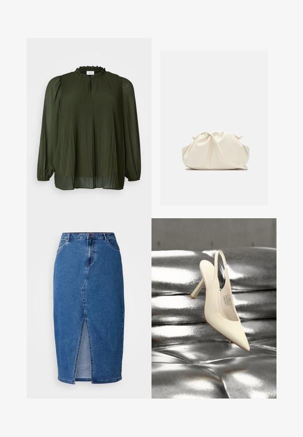 ONLY Carmakoma CARPIONA - Tuniek - rosin; Denimrok in medium blauw met een voorste split, hoge taille, vijf zakken en ceintuurlussen. De stof heeft een gestructureerde afwerking.; Witte slingback pump met spits uiteinde, tentoongesteld tegen een glanzende zilveren kussenachtergrond.; Zachte, crèmekleurige leren clutch met geplooid, gerimpeld ontwerp en een dunne schouderriem die vooraan op een effen achtergrond ligt.