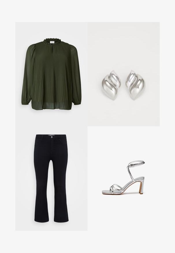 ONLY Carmakoma CARPIONA - Tuniek - rosin; ONLY Carmakoma Flared fit CARTHUNDER Mid waist - Flared Jeans - black denim; Zilveren hoge hakken sandalen met een vierkante teen, dunne enkelband en vampbanden. Gladde metallic afwerking met een blokhak van 7,5 cm.; Zilveren oorbellen met een organische, abstracte vorm. Gladde, glanzende oppervlakte met een taps toelopend ontwerp. Beschikken over subtiele rondingen en een centrale lijn detail.