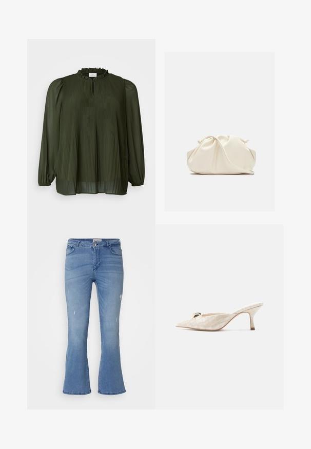 ONLY Carmakoma CARPIONA - Tuniek - rosin; Lichtblauwe flare jeans met een vervaagde afwerking. Bevat kleine plekken van slijtage, een vijfzakkenontwerp en een knoopsluiting. Gemaakt van katoen.; Beige lakleren slingback pumps met een puntige neus, voorzien van een gewatteerde textuur en een klein gouden accent aan de voorkant.; Zachte, crèmekleurige leren clutch met geplooid, gerimpeld ontwerp en een dunne schouderriem die vooraan op een effen achtergrond ligt.