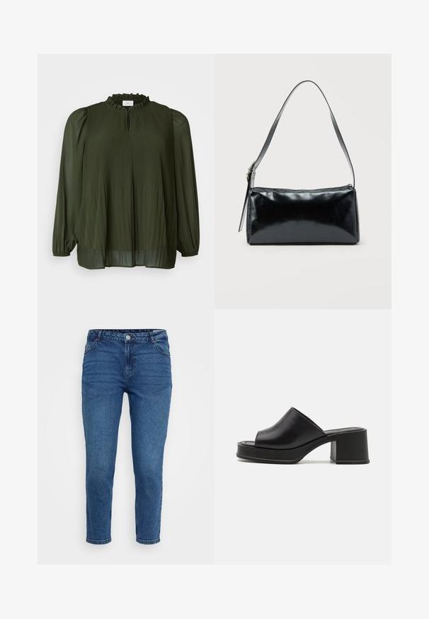 ONLY Carmakoma CARPIONA - Tunikaer - rosin; Blå denim jeans med mellemhøj talje, fem-lomme design og lige ben. Har stikninger og metalhardware-detaljer.; Sorte læder platform sandals med rund åben tå, lav blokhæl og glat tekstur. Minimalistisk design med elegante linjer.; Sort rektangulær skuldertaske med en enkelt justerbar rem og lynlås i toppen på en ensfarvet baggrund.