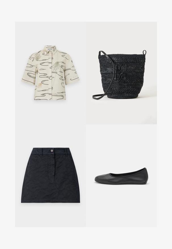 Chemise à manches courtes en coton crème présentant des motifs de lignes noires et des accents abstraits verts et beiges. Fermeture à boutons sur le devant avec un col.; Jupe noire à motif texturé, dotée d'une fermeture à boutons sur le devant, de deux poches et d'une coupe ajustée. Fabriquée en tissu durable.; Ballerines en cuir noir avec un bout rond, texture lisse, détails de couture minimalistes et design de semelle flexible.; Sac seau noir tissé avec une longue bandoulière et un détail de motif texturé sur un fond uni.