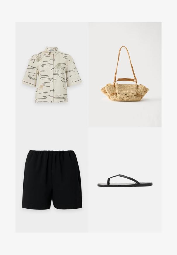 Chemise à manches courtes en coton crème présentant des motifs de lignes noires et des accents abstraits verts et beiges. Fermeture à boutons sur le devant avec un col.; Shorts noirs avec un waistband élastique, fabriqués en tissu léger. Présente un design simple avec des ouvertures de jambes droites et sans motifs visibles.; Tongs noires au design minimaliste, avec des sangles fines et une semelle plate. Le matériau semble être du plastique avec une texture lisse.; Sac à main beige tressé avec une longue lanière fine et des côtés froncés, avec une petite poignée enveloppée de cuir pour différentes options de port.