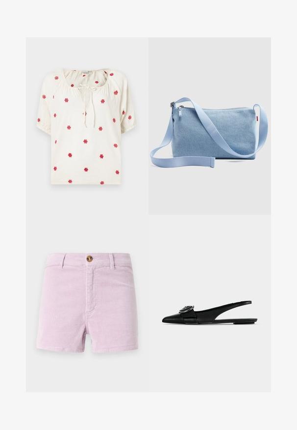 Hvid kortærmet top med rund halsudskæring, udsmykket med rød blomsterbroderi og en bindedetalje i midten. Fremstillet af letvægtsstof.; Lys lavendel corduroy shorts med knaplukning, der har et tekstureret ribbet design og forlommer, skåret over låret.; Sort læder spids tå slingback flad med en bred rem og rund metal spænde detalje på toppen.; Lyseblå denim skuldertaske med justerbar rem og lynlås, vist mod en neutral baggrund.